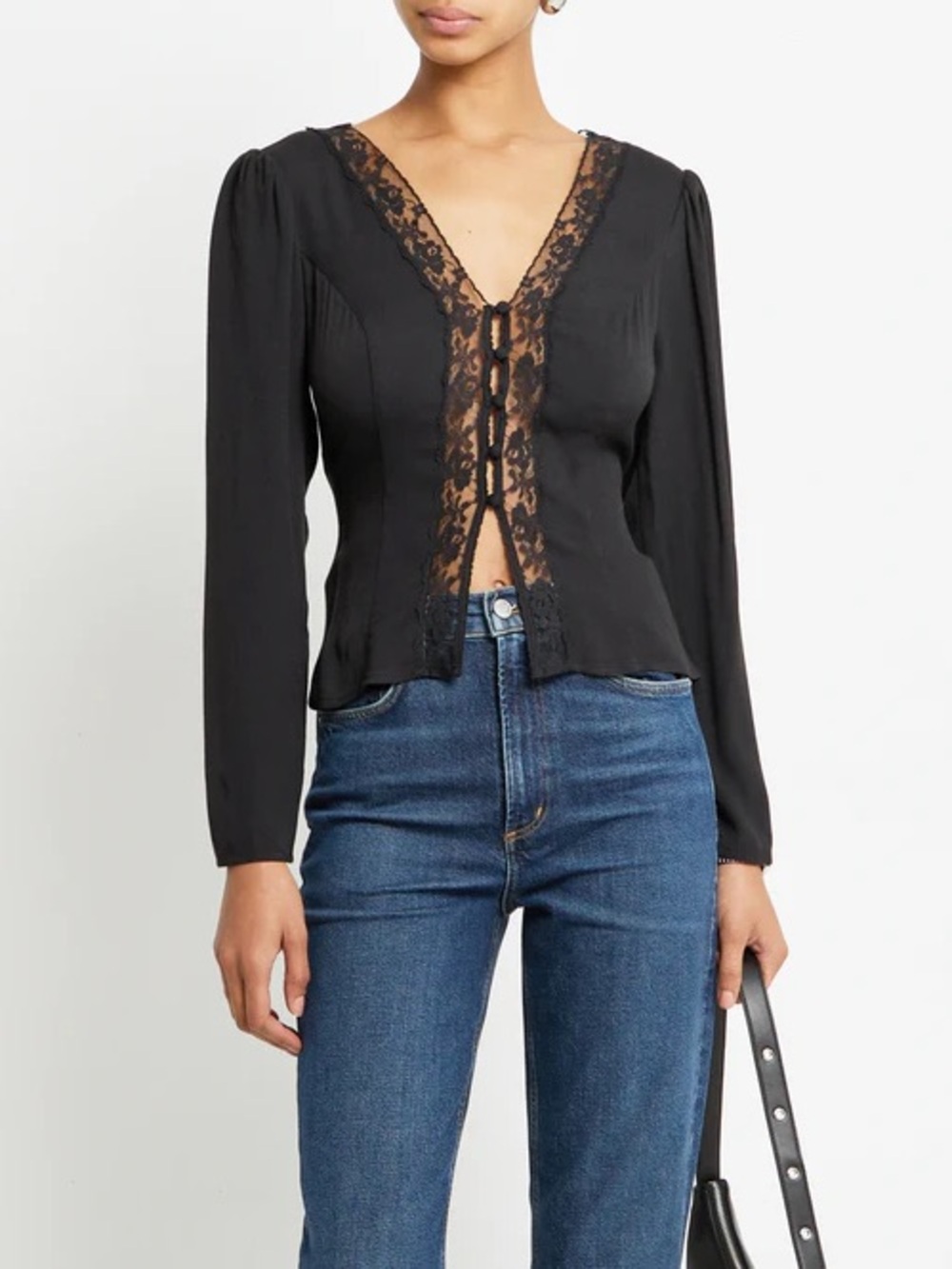 Reformation Black Lace-Trim V-Neck Tie Front Blouse